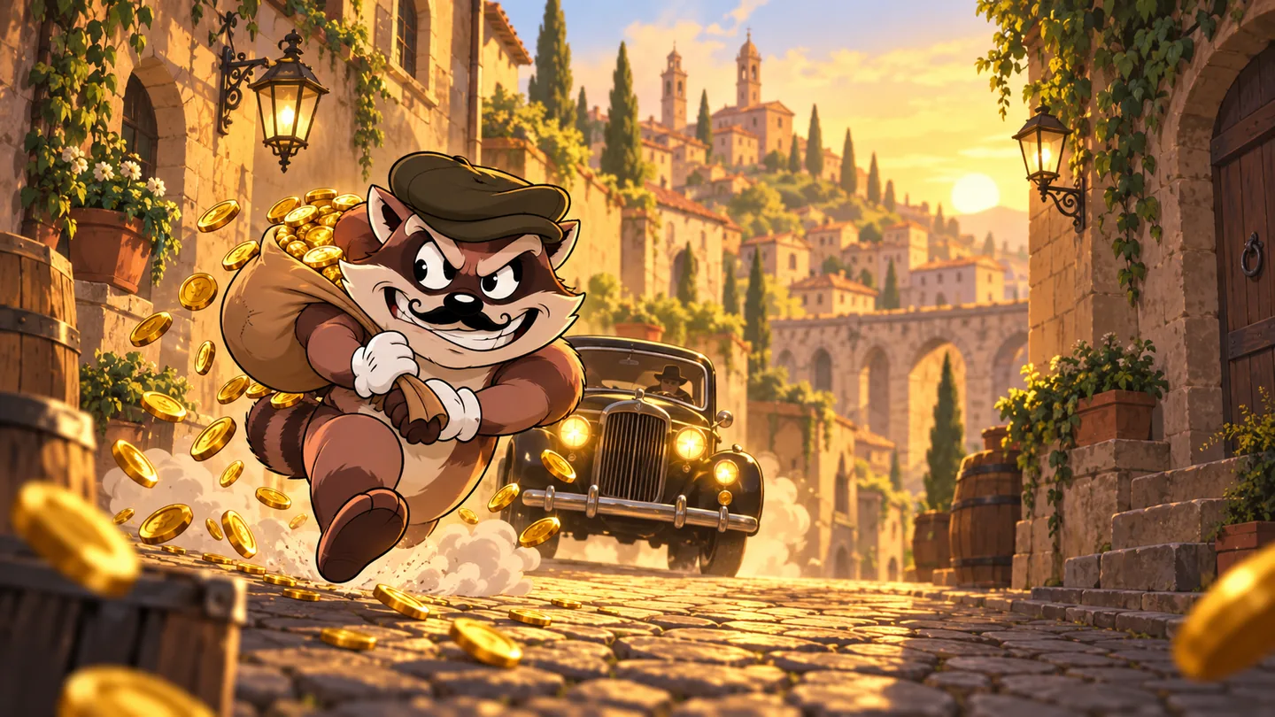 Illustrazione di Le Bandit Hold & Win con bandito, monete d'oro e auto in fuga